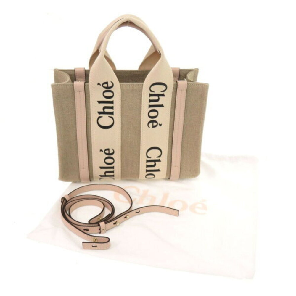 Chloe WOODY tote bag leather canvas beige pink handbag - Picture 2 of 8